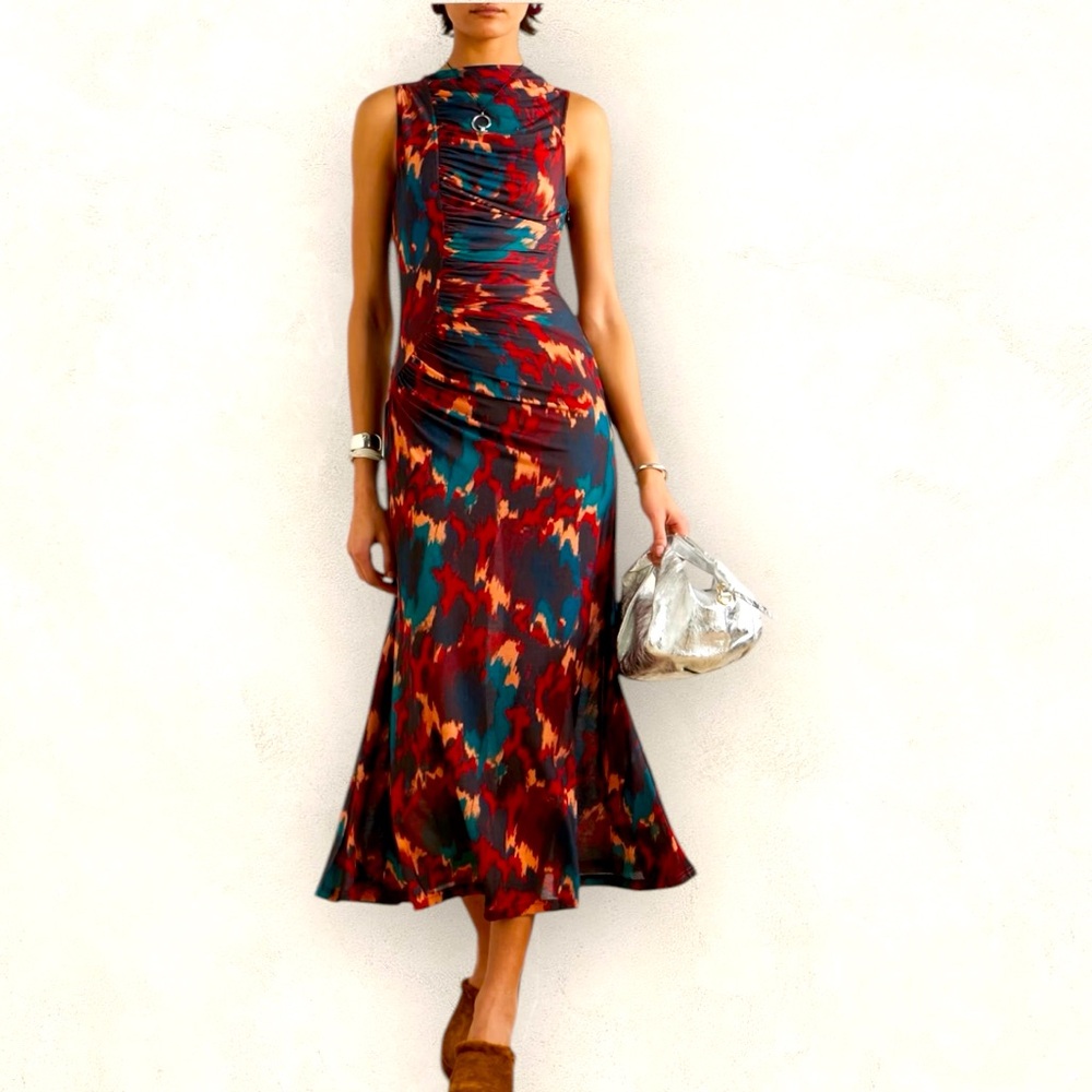 Ulla Johnson Multicolor Abstract Print Midi Dress in Teal, Burgundy, Rust